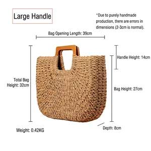 Handmade woven paper rope beach bag with wooden handle, large capacity and natural style
