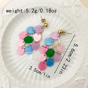 Detailed view of colorful multi-layer sequin drop earrings with size and weight info