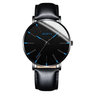 Close-up of Geneva minimalist men's watch with blue hands and black leather strap
