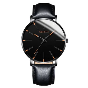Close-up detail of a sleek black Geneva men's business watch featuring orange hour markers