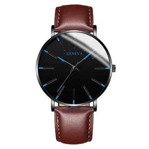 Macro view of Geneva business watch featuring blue markers and brown leather strap