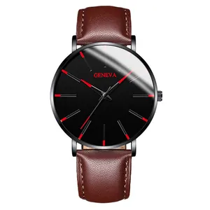 Close-up of fashion business men's watch with brown leather strap and black dial.