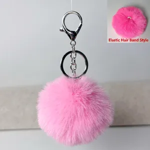 Bright pink 8cm faux rex rabbit fur ball keychain with silver lobster clasp and ring