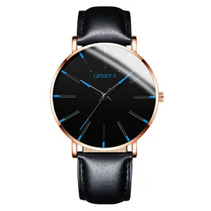 Detail of men's business watch with black dial and blue hands by Geneva brand