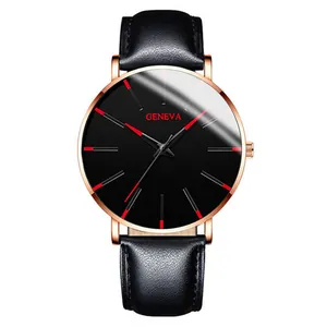 Close-up of stylish Geneva men's watch with black leather strap and rose gold case