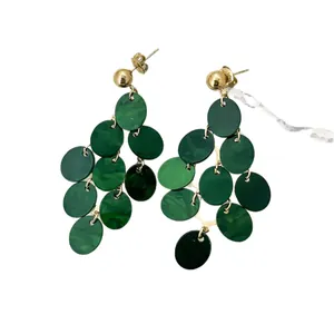 Elegant green multi-layer sequin tassel earrings with gold studs for dinner parties