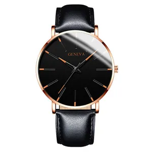 Close-up of a stylish Geneva men's business watch with a black dial and leather strap
