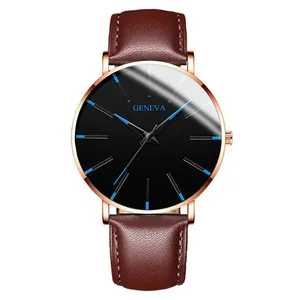 Classic men's business watch featuring a brown leather strap and striking blue markers