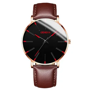 Close-up detail of Geneva men's business watch with black dial and brown leather strap.