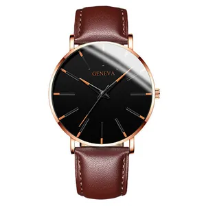 Detailed view of GENEVA men's watch with rose gold case and brown leather strap