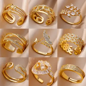 Bague Ouverte Géométrique en Cuivre avec Strass Nœud Multicouche Bague Réglable en Or pour Femme Bijoux de Mode Cadeau