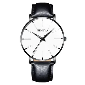 Classic men's business watch with white dial and black leather strap