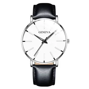 Close-up of a Geneva business watch with a minimalist white dial and black leather strap.