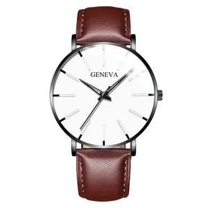 Detailed close-up of a Geneva business watch with a white dial and brown leather strap