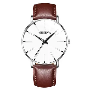 Classic men's minimalist business watch featuring a white dial and brown leather strap
