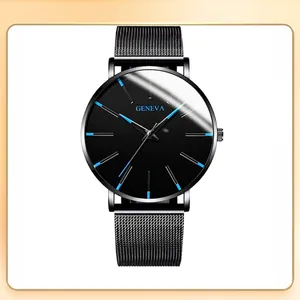 Geneva Men's Business Fashion Quartz Watch Alloy Metal Mesh Strap Minimalist Large Dial Wristwatch For Office Daily Wear