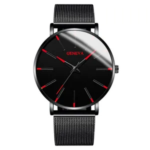 Minimalistische Herrenuhr mit schwarzem Mesh-Armband, Geneva-Zifferblatt und roten Akzenten