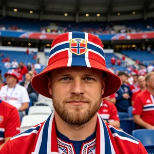 Close-up of Norway flag bucket hat worn by a fan in a stadium football match setting
