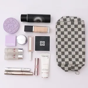 Grande trousse de maquillage en jean à damier pour le voyage et le rangement féminin