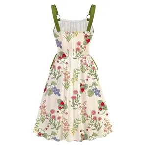Elegant floral strawberry print midi dress with green ring straps for beach vacation