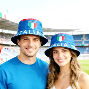 Stylish blue bucket hats with Italy national flag and text worn by fans in stadium