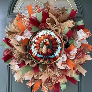 Thanksgiving harvest wreath with turkey stained glass design for front door