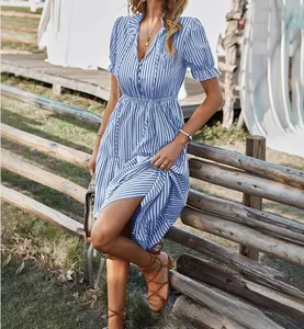Fashionable blue and white striped V-neck dress with short sleeves and elastic waist