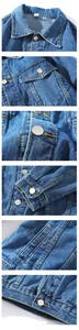 High-quality detail shots of blue denim jacket including collar, buttons, and stitching.