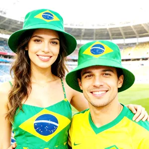 Vibrant green bucket hat featuring a Brazil flag print, perfect for soccer fans
