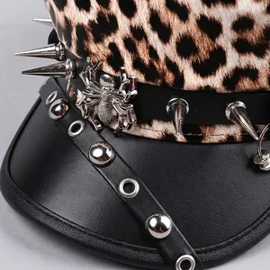 Punk leather flat cap with leopard print, long silver spikes and spider decoration