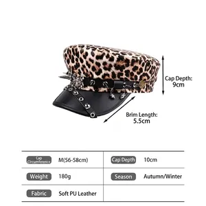 Punk leopard print flat cap with metal studs and spider ornament for cosplay and fashion