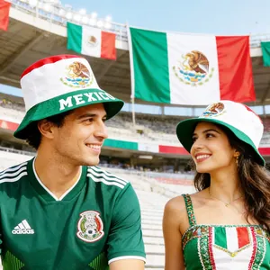 Detailed macro view of fans wearing Mexico national flag bucket hats in a stadium