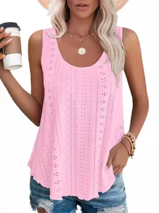 Débardeur rose sans manches à col rond avec broderie anglaise pour femmes en été
