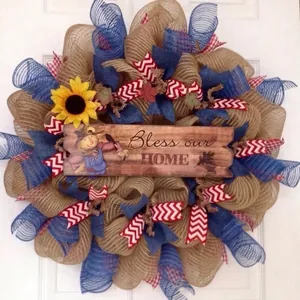 Fall Thanksgiving Wreath Harvest Pumpkin Maple Leaf Door Hanging Mesh Ribbon Sunflower Garland For Home Decor Party Decor
