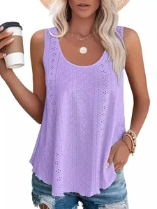 Débardeur femme sans manches col rond en dentelle anglaise couleur lavande chic