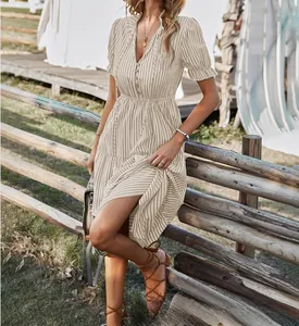 Elegant summer striped V-neck dress featuring ruffle sleeves and elastic waist detail