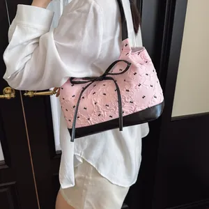 Korean Style Bowknot Underarm Bag For Women Fashion Textured PU Leather Shoulder Handbag Casual Elegant Daily Purse