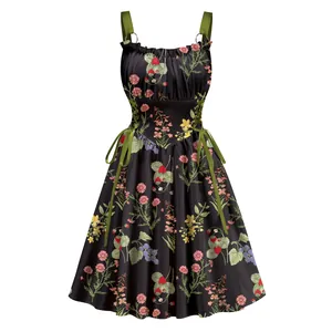 Elegant floral print vacation dress with ring straps and drawstring waist.