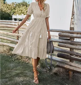 Detailed view of a stylish striped V-neck tiered midi dress with an elastic waist
