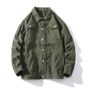 Loose fit men's army green denim jacket with flap chest pockets and silver buttons
