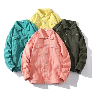 Oversized men's denim jackets in vibrant pink, yellow, teal and olive green colors