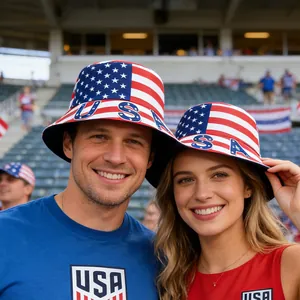 Close-up of a smiling couple wearing American flag USA themed bucket hats at a stadium