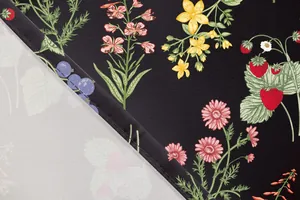 Detailed close-up of botanical floral and strawberry print fabric for elegant maxi dress