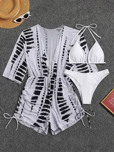 Set bikini bianco tre pezzi con copricostume a tutina in rete tie-dye bianco e nero