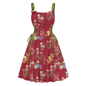 Elegant floral holiday swing dress with metal ring straps and drawstring waist detail.