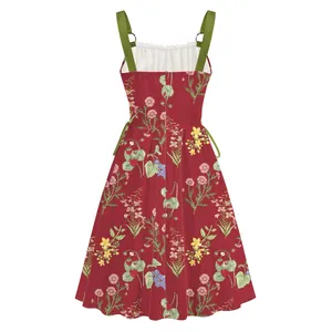 Close-up detail of the floral print swing dress back with metal ring shoulder straps.