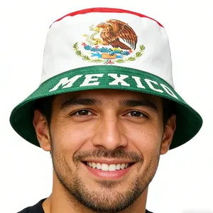 Close-up of Mexico flag bucket hat featuring the national emblem and Mexico text