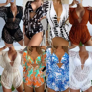 Costume da Bagno Donna Top And Bottom Manica Lunga in Rete Copricostume a Vita Alta Stampa Floreale Mare Vacanza