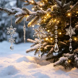 Clear crystal icicle and snowflake Christmas tree ornaments in a snowy winter scene