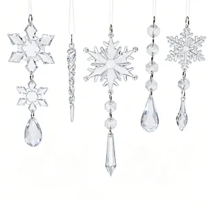 Set of transparent acrylic Christmas ornaments featuring snowflake and icicle designs.